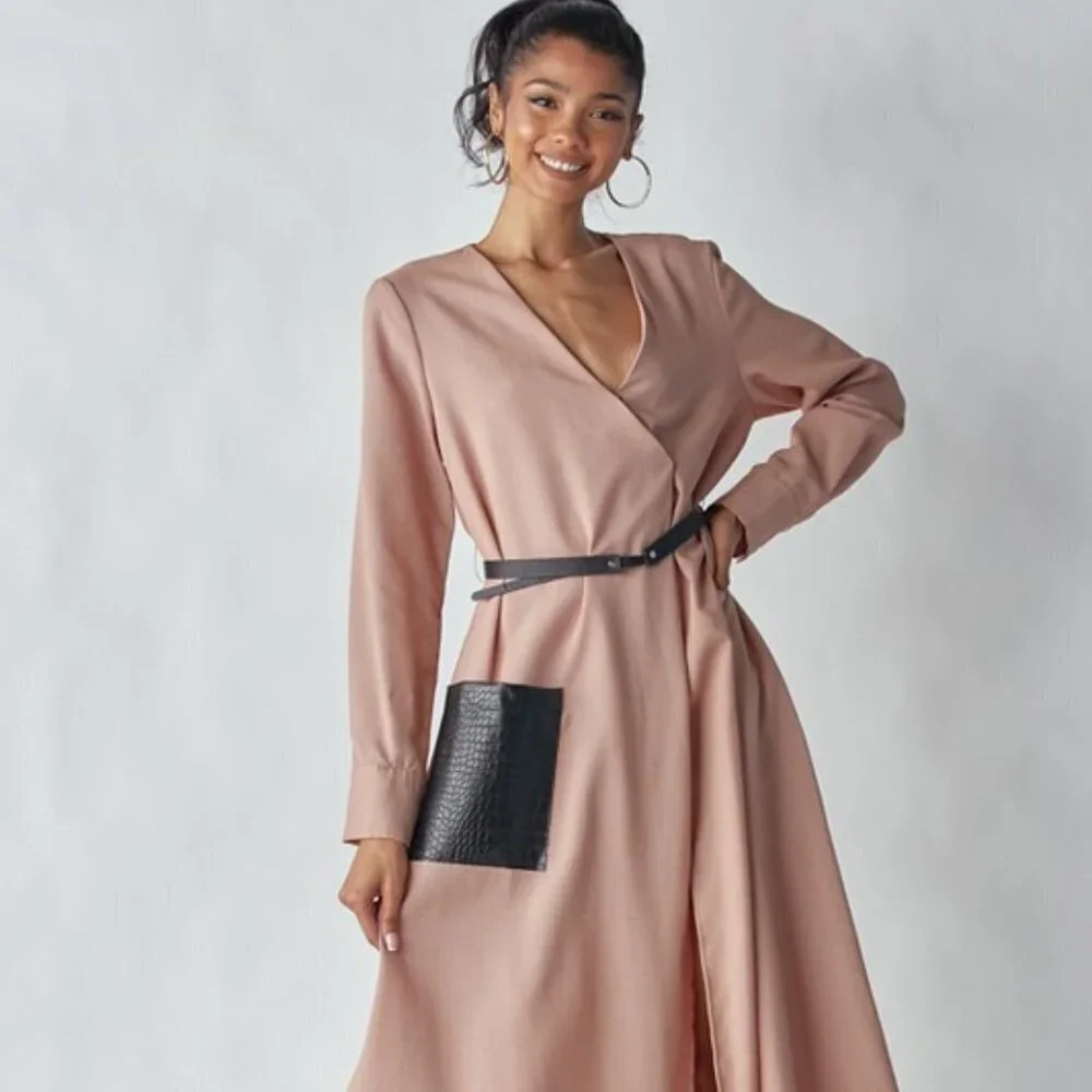 Belted Midi Dress w/ Faux Leather Pocket and Belt | Long Sleeve